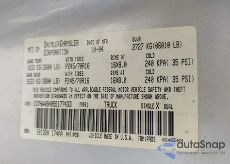 2005 Dodge Dakota Slt z USA, uszkodzony, nr VIN 1D7HW48N05S177433